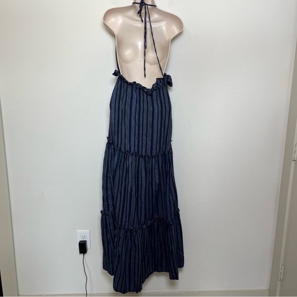 Lulus Women Vacay Baby Dress Medium Blue Stripe Tiered Maxi Halter Cottagecore - Picture 7 of 12